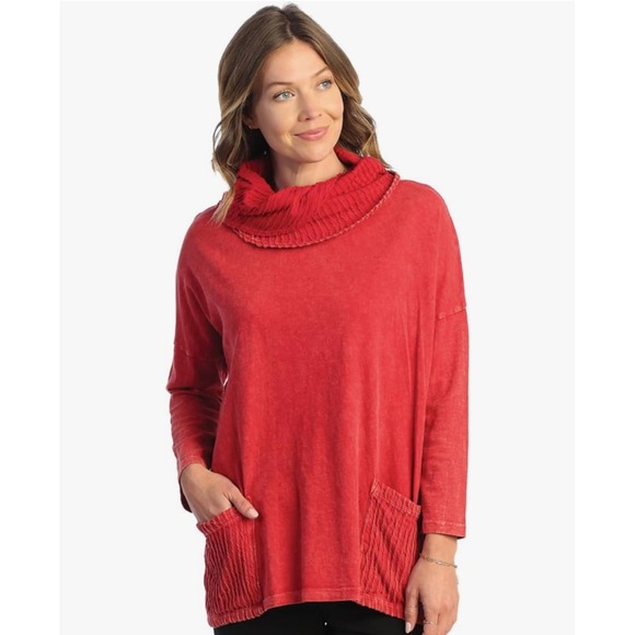Jess & Jane 1X Cowl Neck Mineral Wash‎ Tunic Top Pockets Long Sleeve RED NWT - Picture 1 of 10